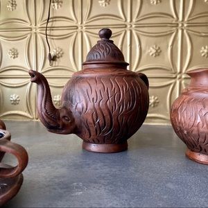 decorative “wood” carved ceramic African tea set